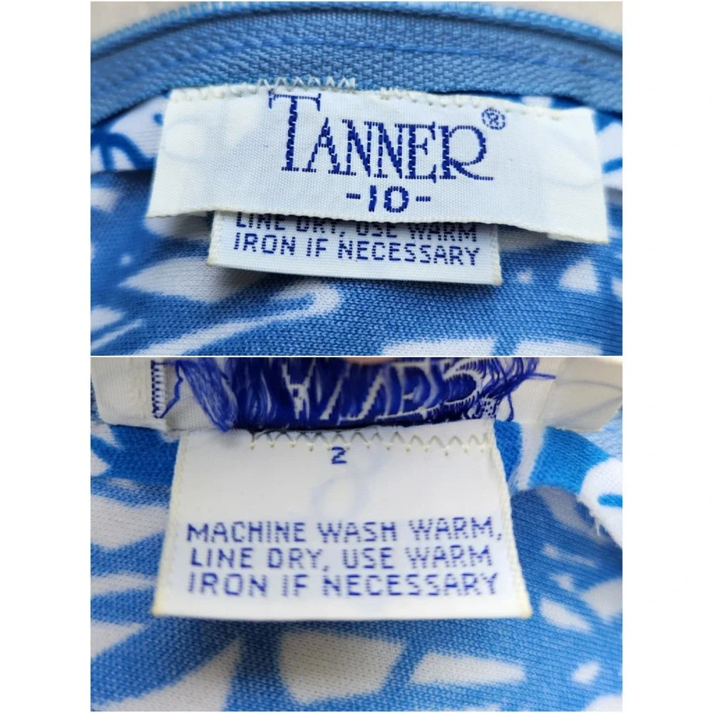 Vintage 70s Maxi Dress Blue White Abstract Scribble‎ Print Long Sleeve 10_7